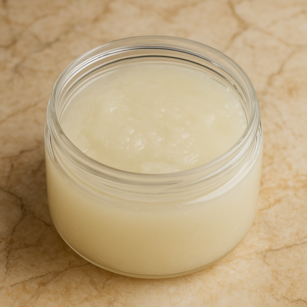 Overhead view of open body scrub jar showing the smooth, creamy sugar texture of Snyder’s Skincare body scrub in a clear plastic container.