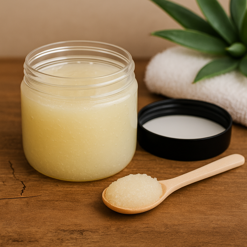 Open jar of Snyder’s Skincare Body Scrub in Agave Bloom scent, with a wooden spoon holding a scoop of sugar scrub on a clean spa-like background.