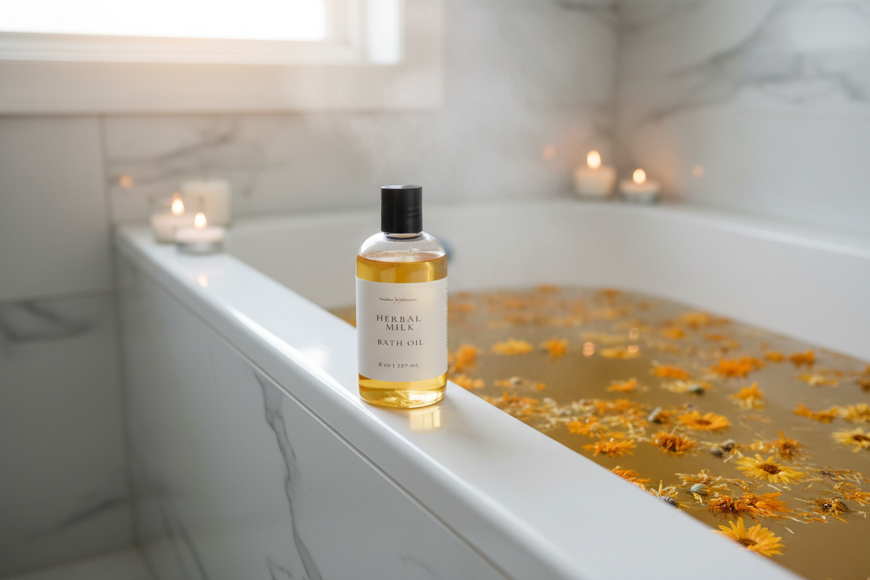 Herbal Milk Bath Oil Lifestyle with Label